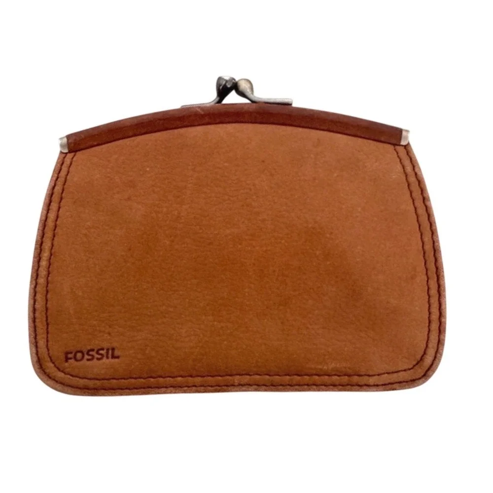 Fossil Vintage Cognac Genuine Leather Kiss Lock Wallet Clasp Card Holder Brown